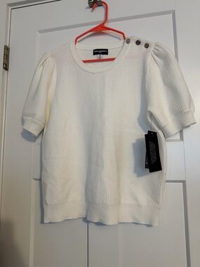 Karl Lagerfeld Cream Ribbed Crewneck Short Sleeve Top